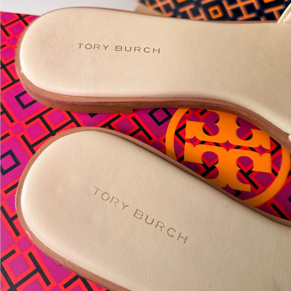 Tory Burch Limited Edition Beige Cream Everly Rhinestone Logo Slide Sandals - Picture 4 of 6